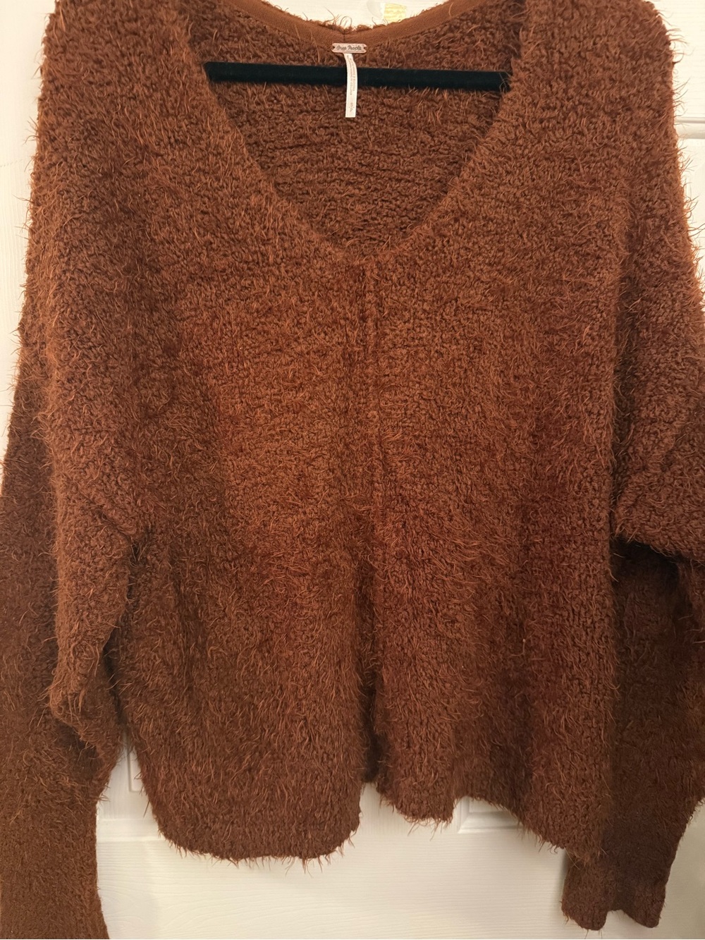 Free People Chunky Fuzzy V-Neck Sweater in Chestnut